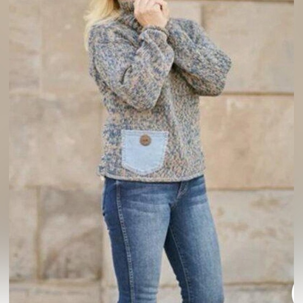 Shannon Passero Thelma Sweater Women’s Med Beige Knit Denim Pocket‎ Cozy NWT’s